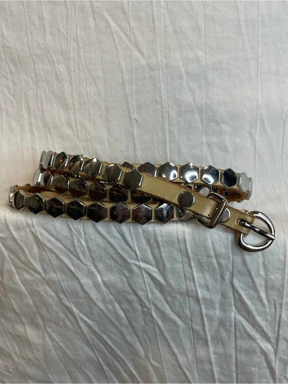 Leather Silver Hexagon Studded Wrap Belt Western Boho Y2K Tan